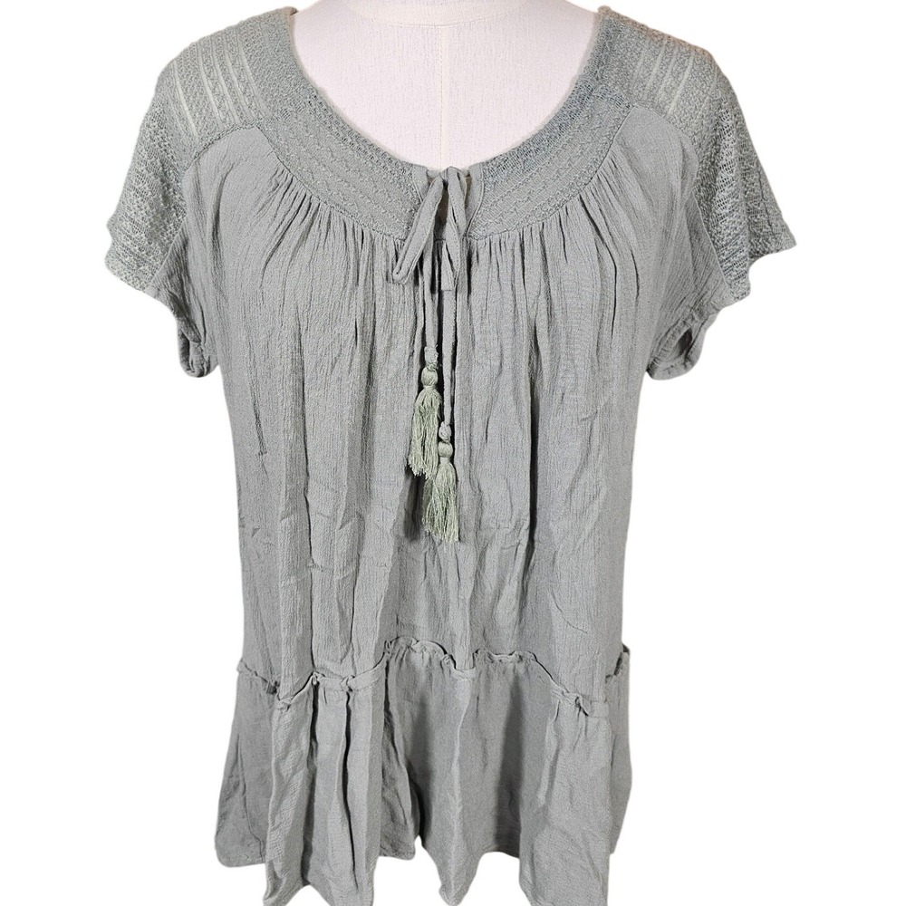 Ava James Sage Green Crochet Lace Tassel Peplum Blouse Large AJ1384C Boho Top